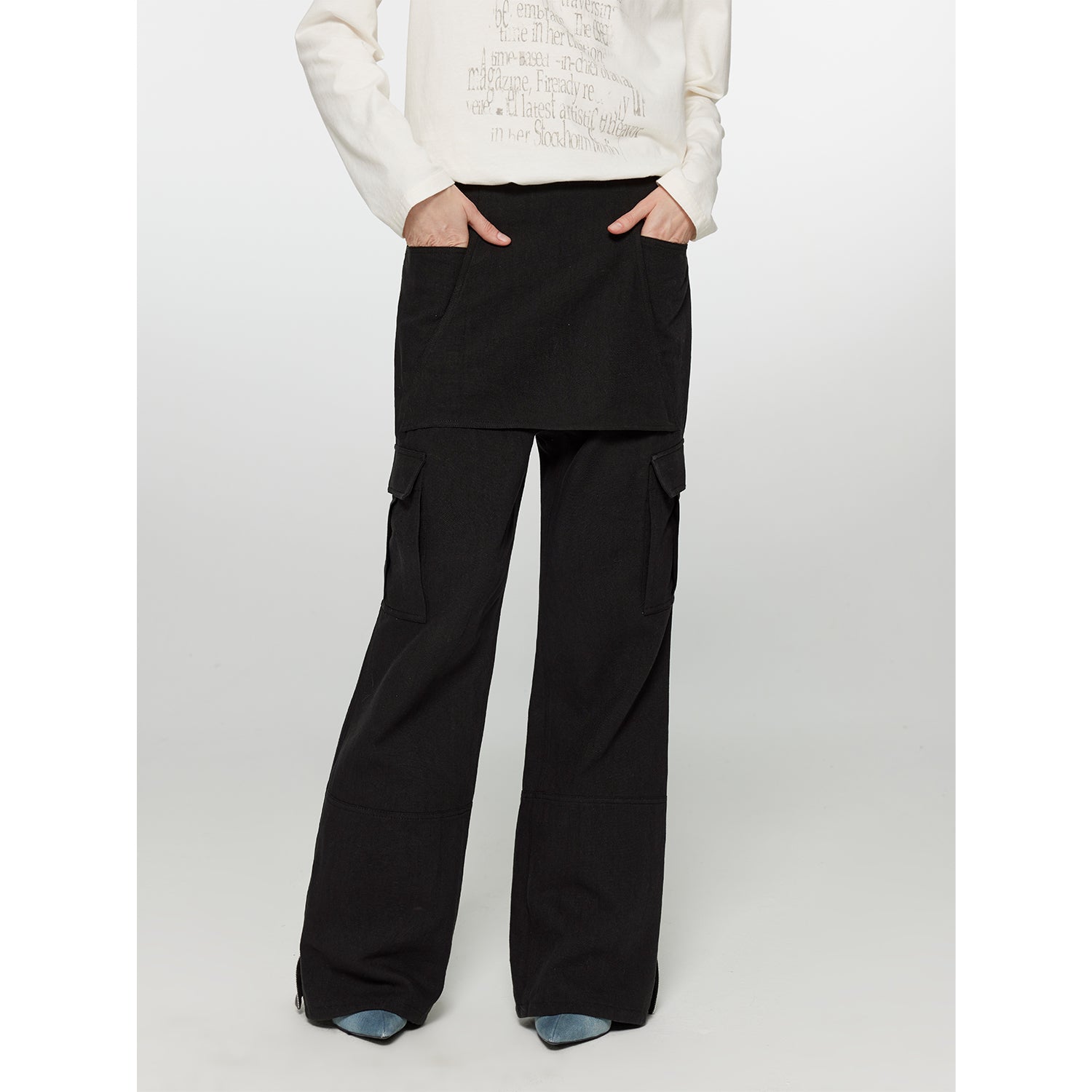 "Free to run away" miu style fake two-piece workwear micro-flared casual pants low-waist slim zipper trousers for women