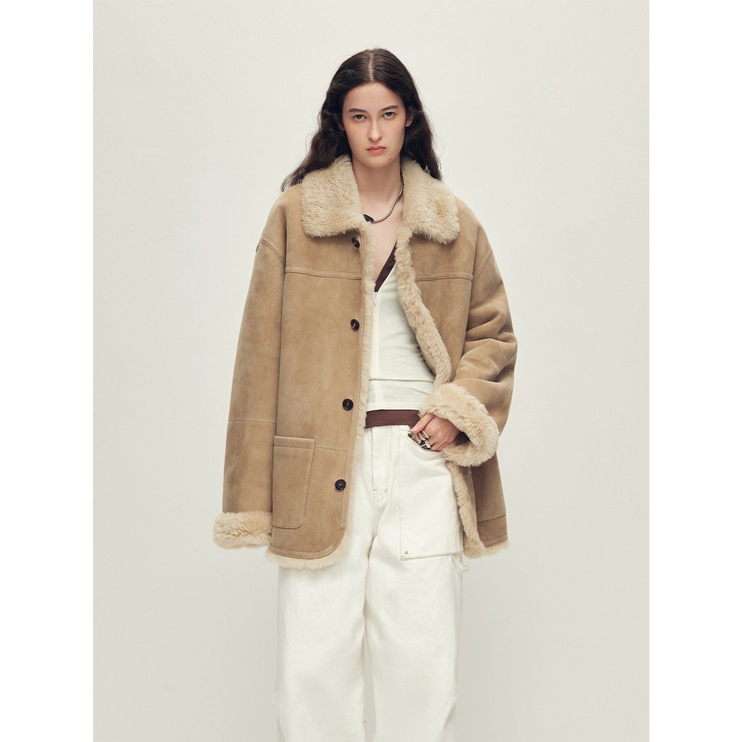 Firelady Fur Women‘s Contrast-Collar Shearling Coat with Shaved Leather Trim & Merino Shearling