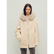 Firelady Fur Women's Merino Shearling Coat | Layered Patch-Dyed Raccoon Fur Collar“Hokkaido Melody”
