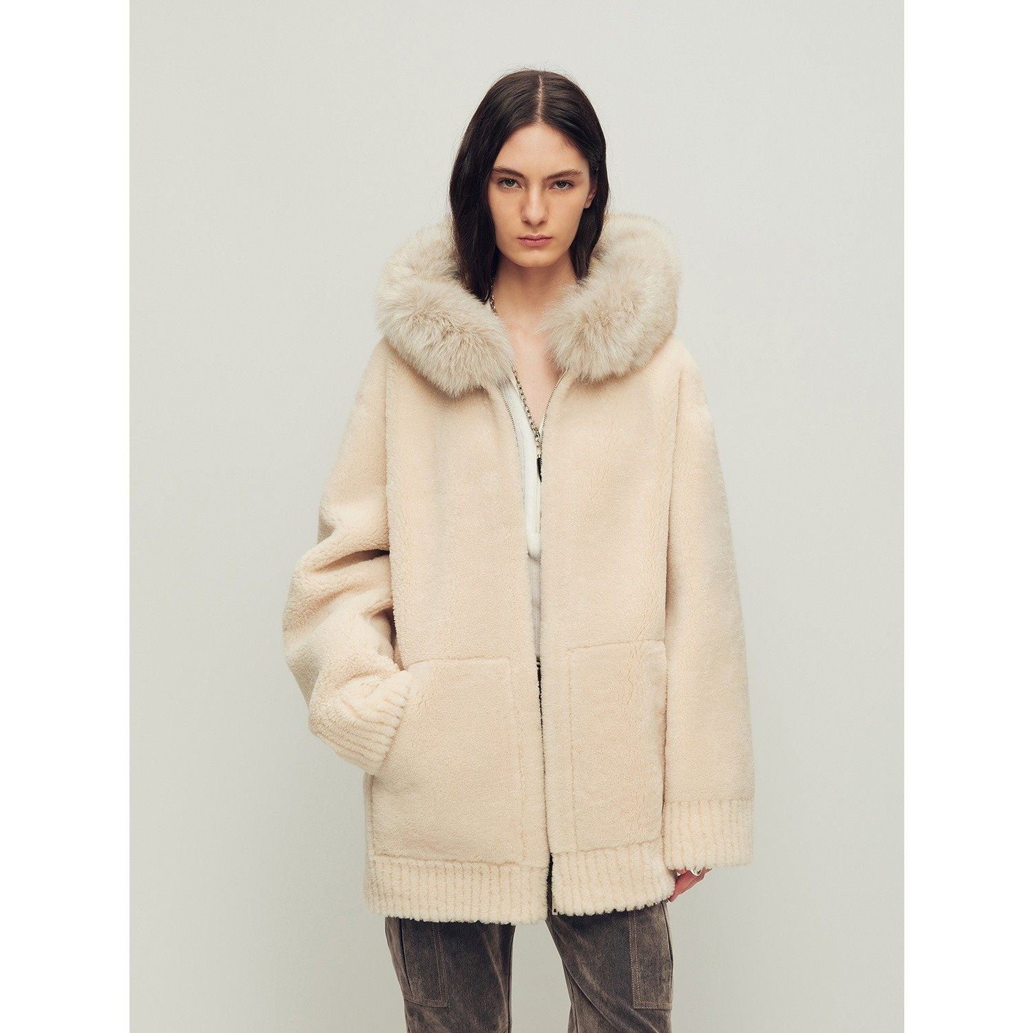Firelady Fur Women's Merino Shearling Coat | Layered Patch-Dyed Raccoon Fur Collar“Hokkaido Melody”
