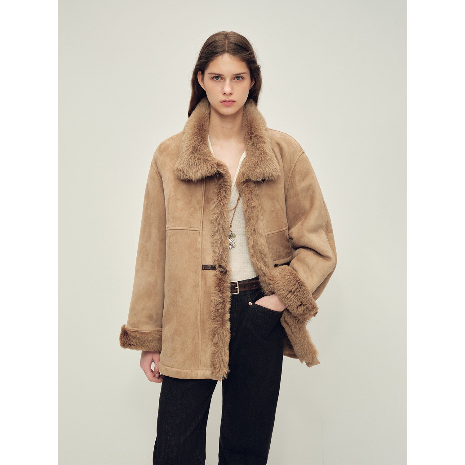 Firelady Fur Women‘s Shearling Jacket with Italian Tuscan Curly Wool Suede Collar“Glam Belle”