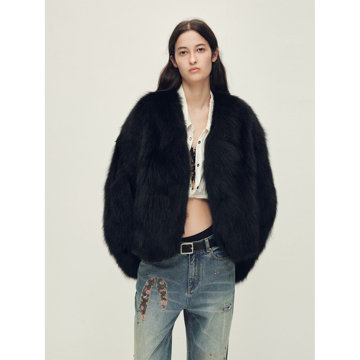 Firelady Fur Women‘s Fox Fur Coat with Hand-Sprayed Ombré Finish | Saga Furs, V-Neck Design"Gone with the Wind"