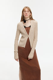 "Spring Grass Single" luxury brand same version cotton linen yarn V-neck slim pit short knitted cardigan