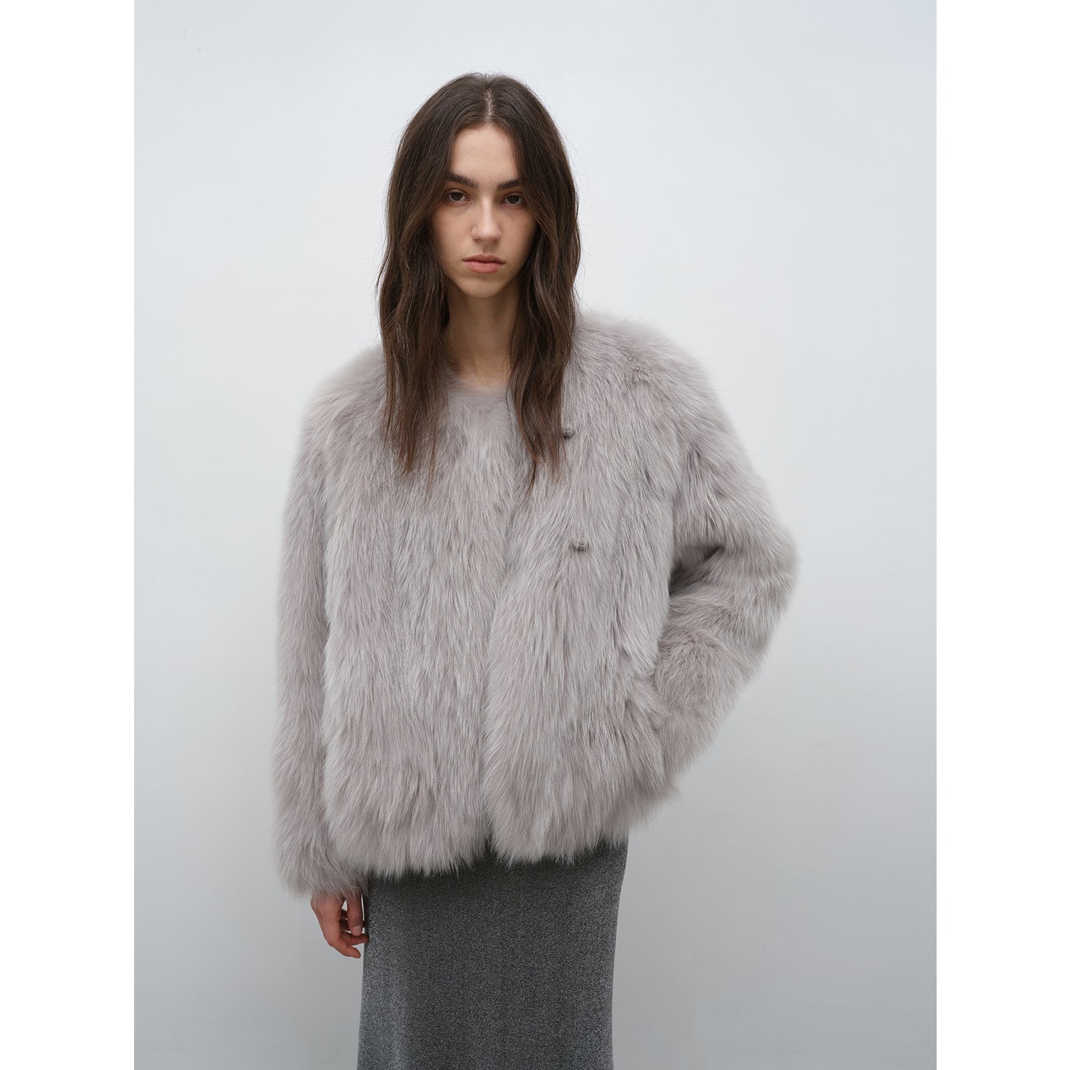 Morning Mist Manor Urban Chic Chicken Heart Collar Drop Shoulder Fox Fur Coat