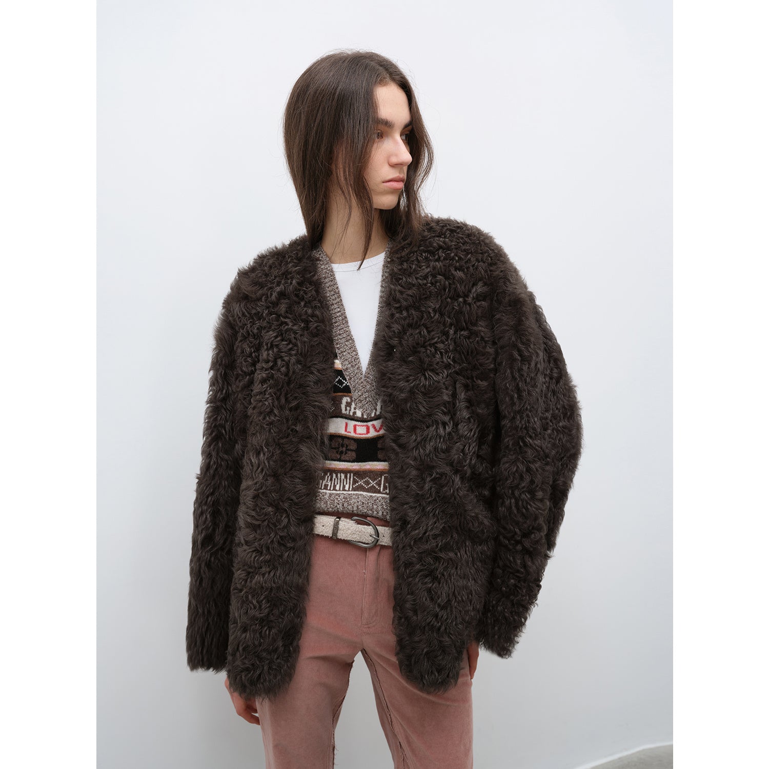 "Castle Dusk" V-neck Italian imported Tuscan curly wool sheepskin fur coat winter