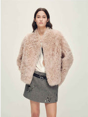 Fireladyfur Women's Casual Tuscan Sheepskin Jacket with Stand-up Collar“Sea of Love Accompaniment”