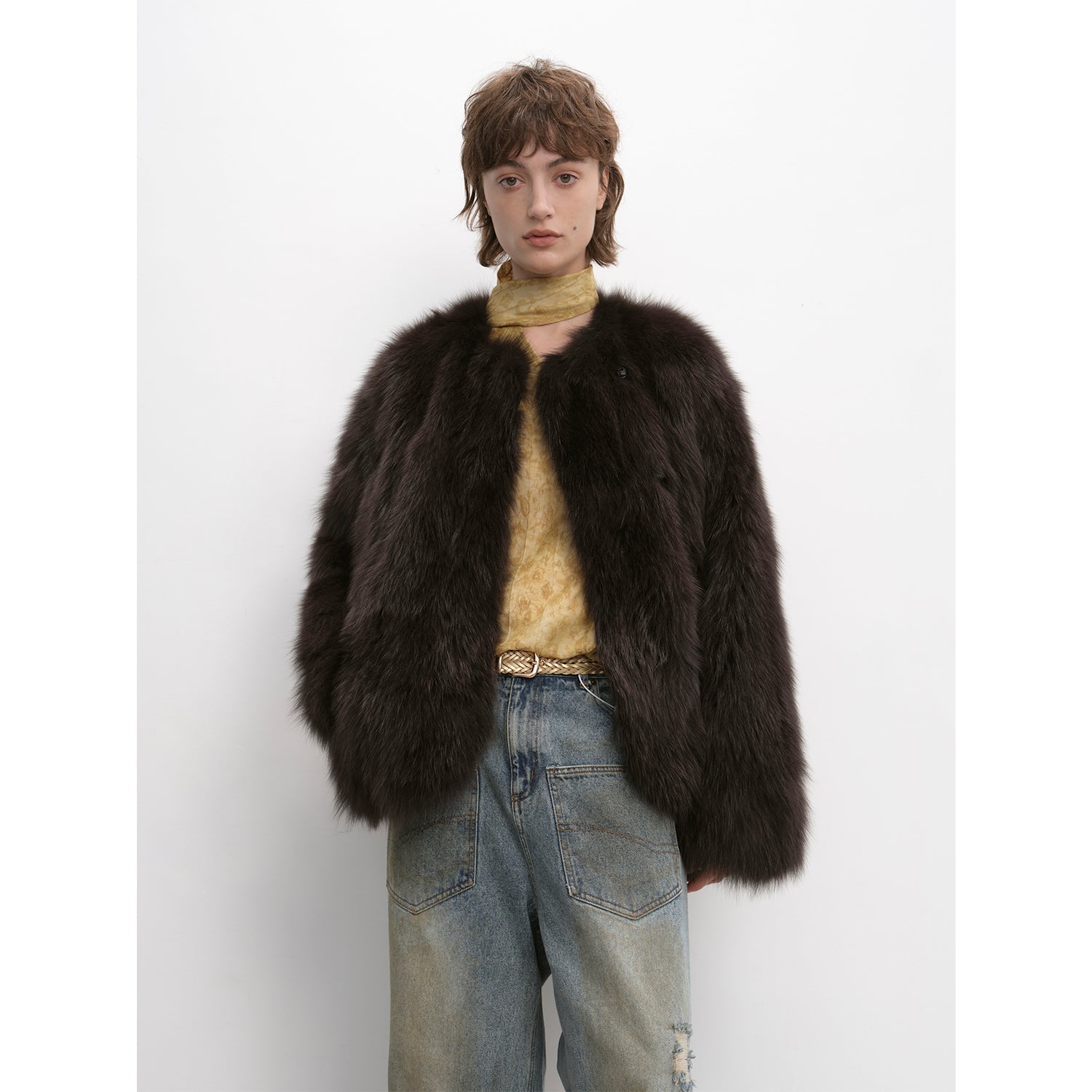 Morning Mist Manor Urban Chic Chicken Heart Collar Drop Shoulder Fox Fur Coat