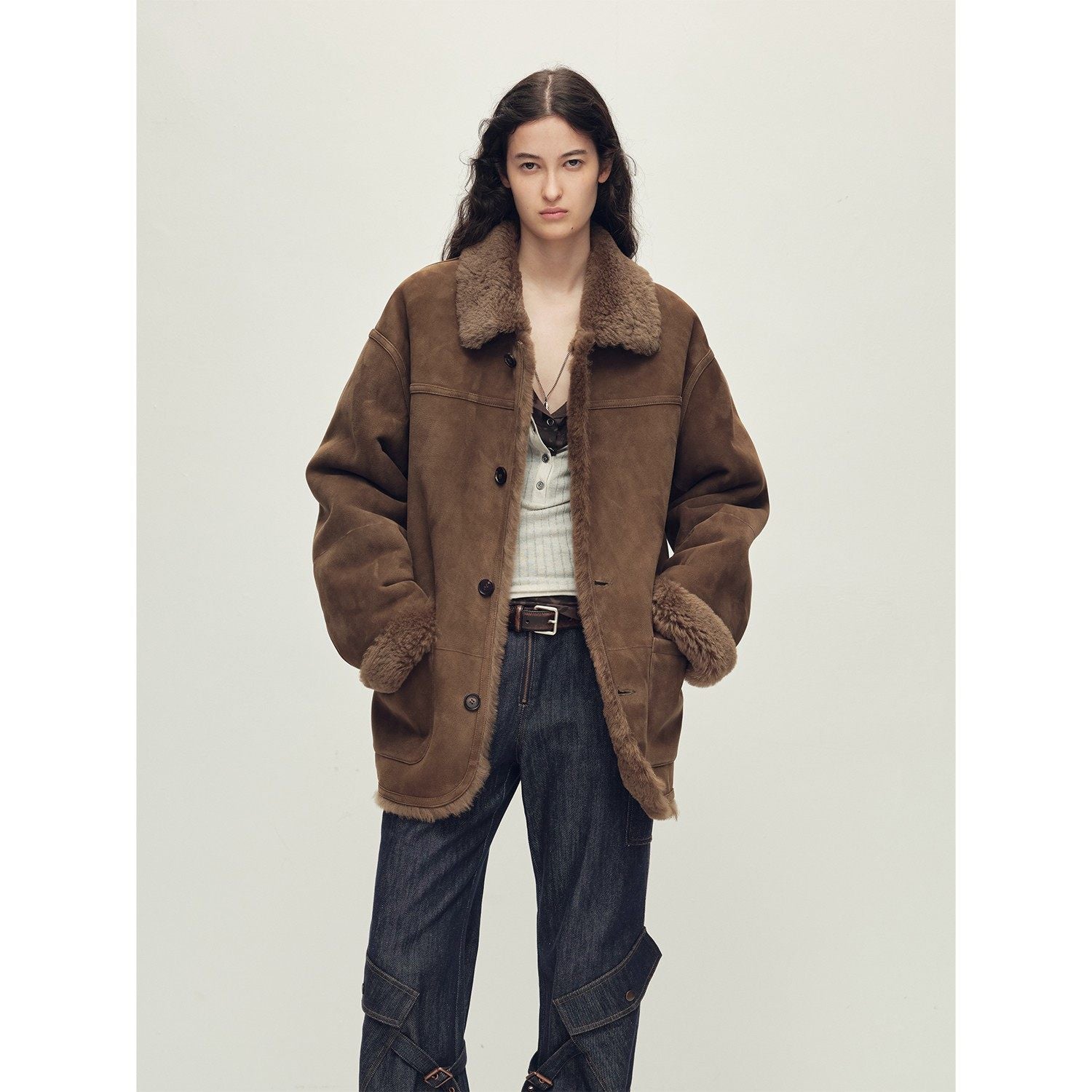 Firelady Fur Women‘s Contrast-Collar Shearling Coat with Shaved Leather Trim & Merino Shearling