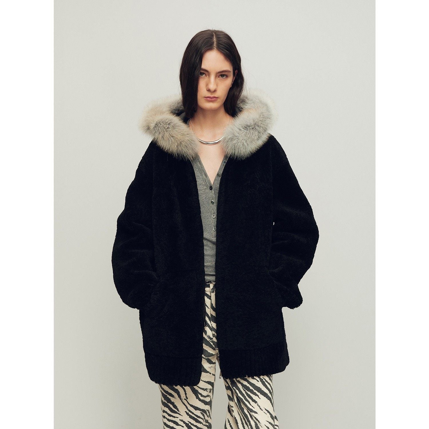 Firelady Fur Women's Merino Shearling Coat | Layered Patch-Dyed Raccoon Fur Collar“Hokkaido Melody”