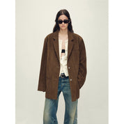 Firelady Fur Women‘s Genuine Lambskin Leather Jacket - Imported Vegetable-Tanned Suede, “Oversized Leather Blazer”