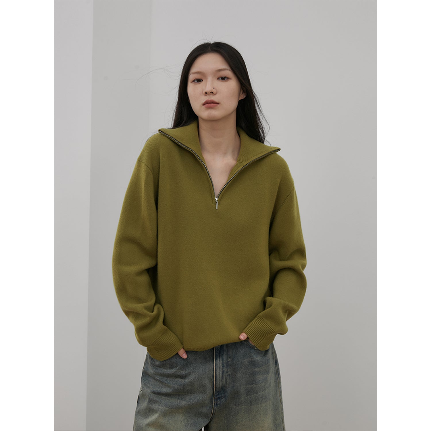 "Moonlight Farm" Merino wool lazy loose pullover sweater women's zipper turtleneck sweater