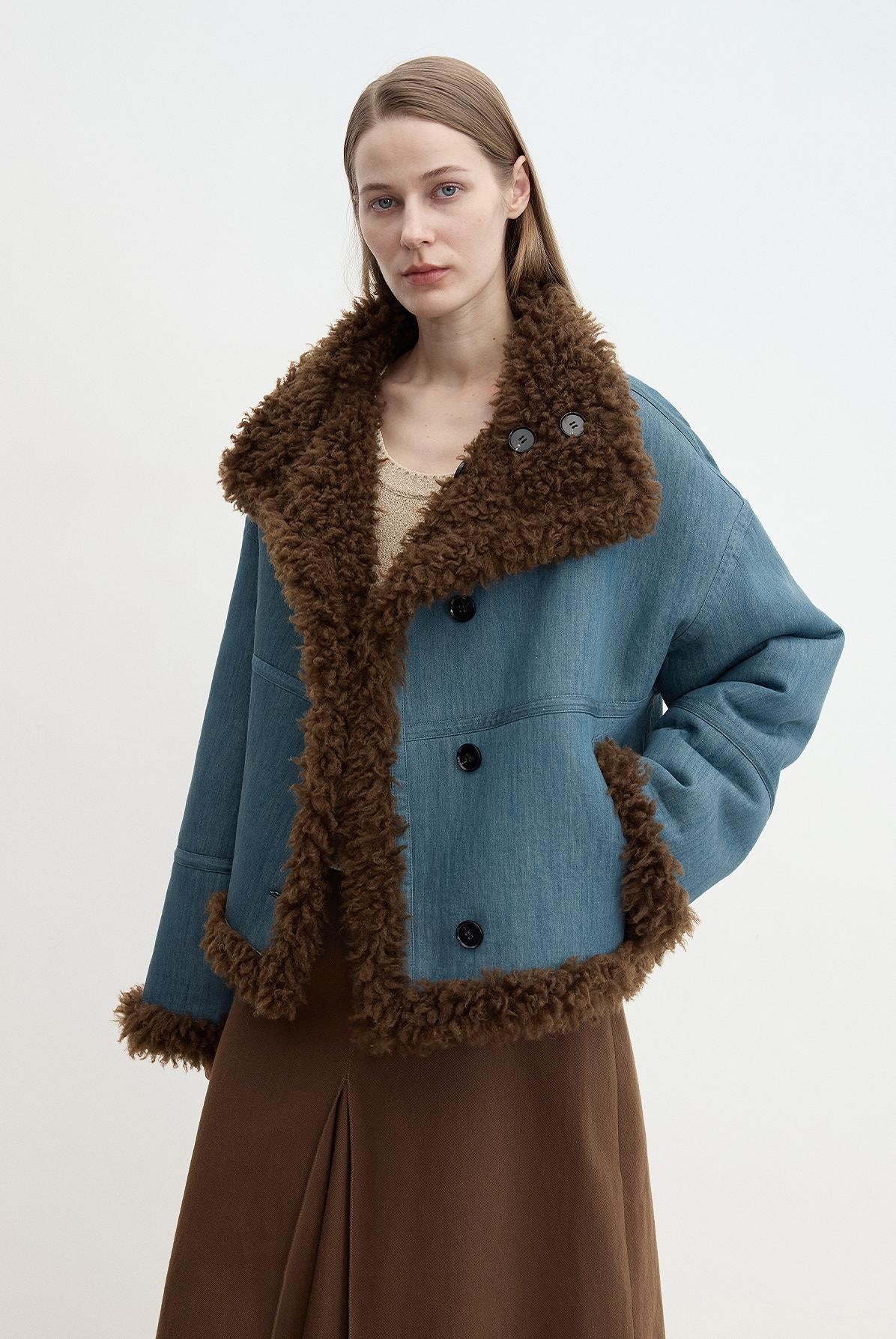 Fireladyfur Women's Faux Leather Shearling Jacket - Long