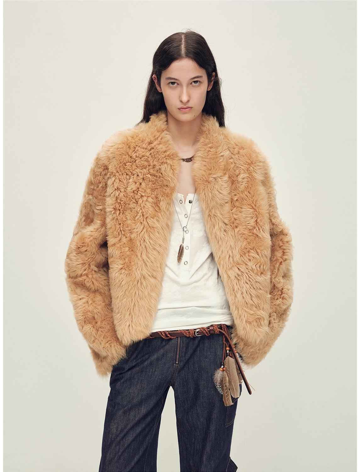 Fireladyfur Women's Casual Tuscan Sheepskin Jacket with Stand-up Collar“Sea of Love Accompaniment”