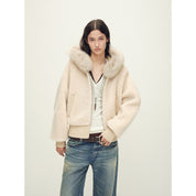 Firelady Fur Women's Merino Shearling Coat | Layered Patch-Dyed Raccoon Fur Collar“Hokkaido Melody”