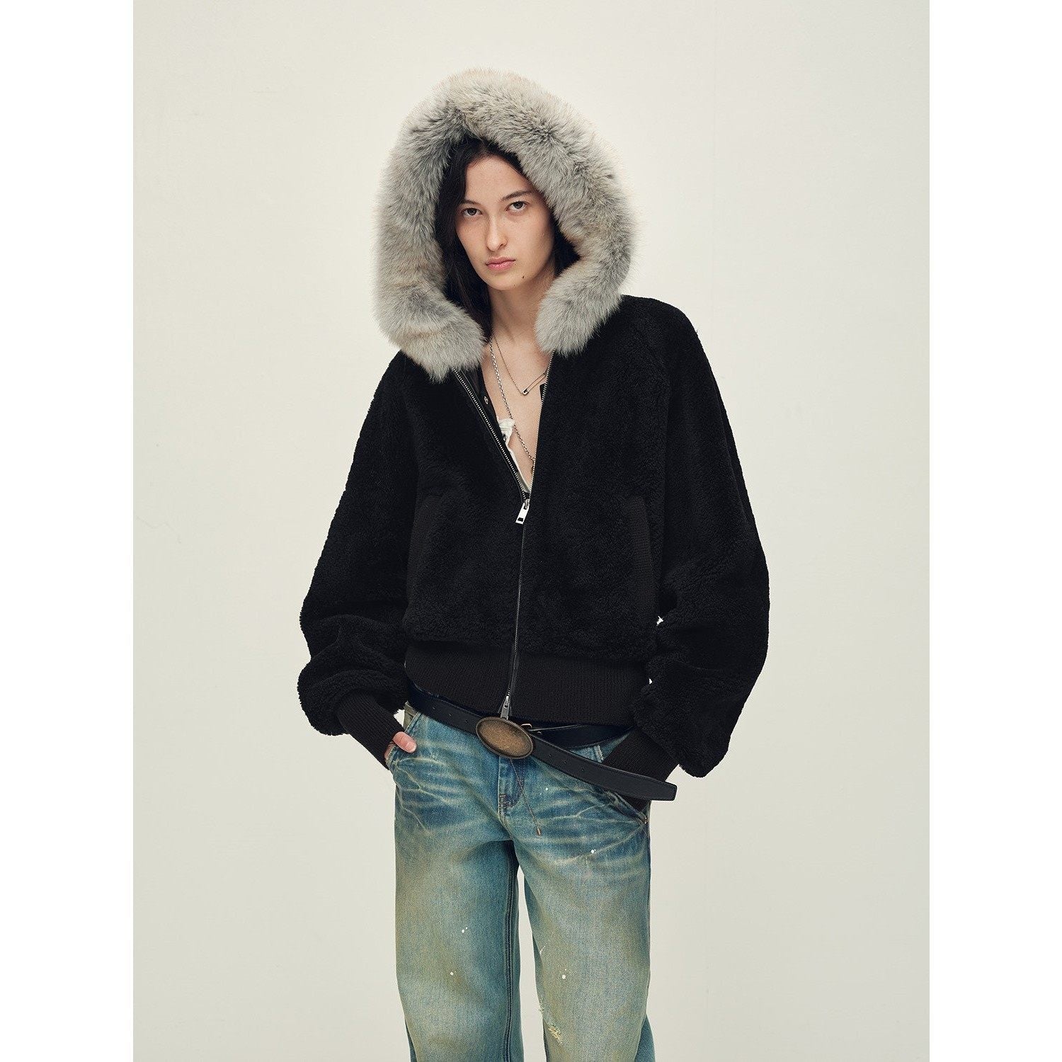 Firelady Fur Women's Merino Shearling Coat | Layered Patch-Dyed Raccoon Fur Collar“Hokkaido Melody”