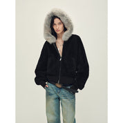 Firelady Fur Women's Merino Shearling Coat | Layered Patch-Dyed Raccoon Fur Collar“Hokkaido Melody”