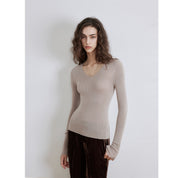 "Self-Life"Yangzi Machine Washable Seamless V-Neck Merino Wool Knit Bottom Shirt