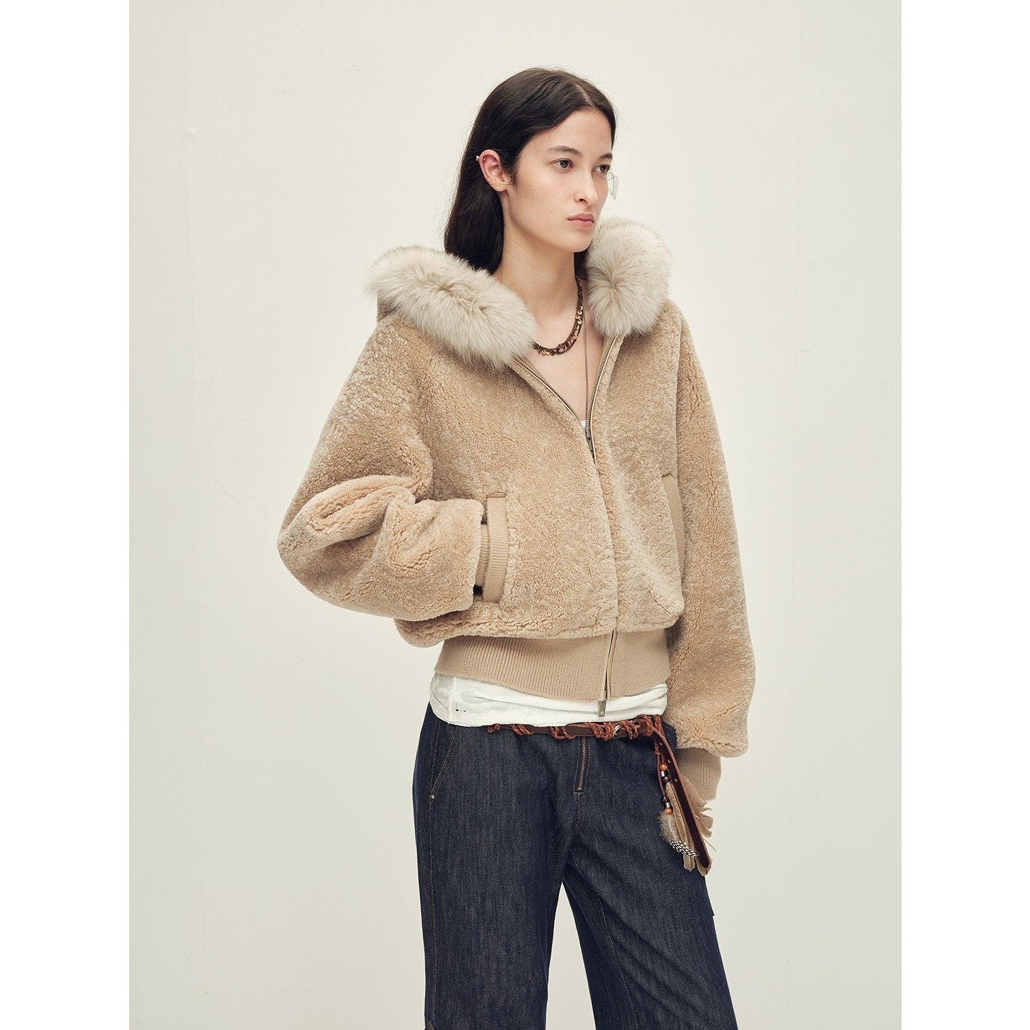 Firelady Fur Women's Merino Shearling Coat | Layered Patch-Dyed Raccoon Fur Collar“Hokkaido Melody”