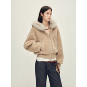 Firelady Fur Women's Merino Shearling Coat | Layered Patch-Dyed Raccoon Fur Collar“Hokkaido Melody”