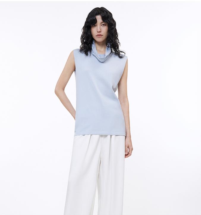 Triacetate mixed tencel high collar knitted sleeveless vest
