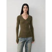 "Self-Life"Yangzi Machine Washable Seamless V-Neck Merino Wool Knit Bottom Shirt