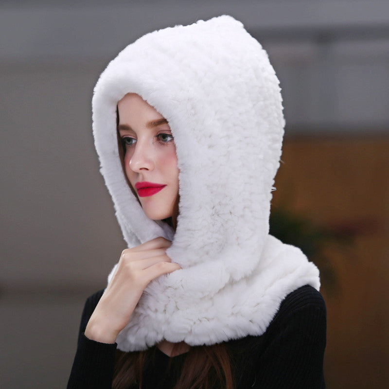 Rex rabbit fur scarf hat all in one warm snow hat neckband