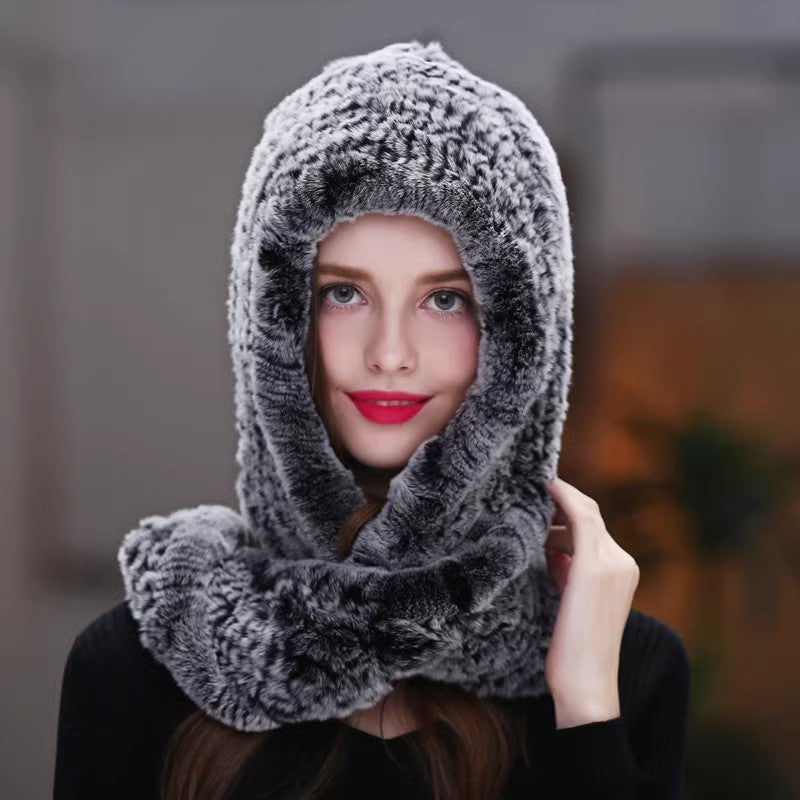 Rex rabbit fur scarf hat all in one warm snow hat neckband