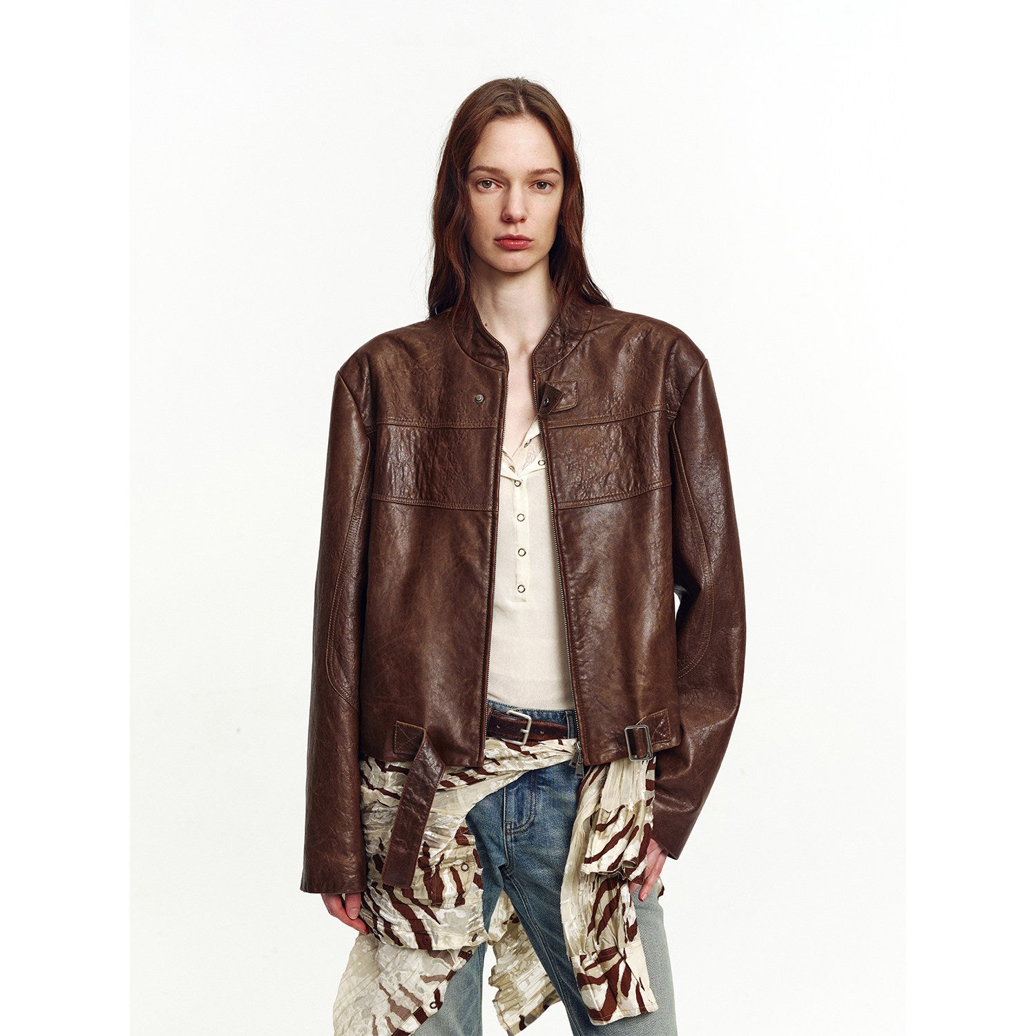 Retro Sheepskin Stand Collar Short Motorcycle Jacket “Caramel Mountain”