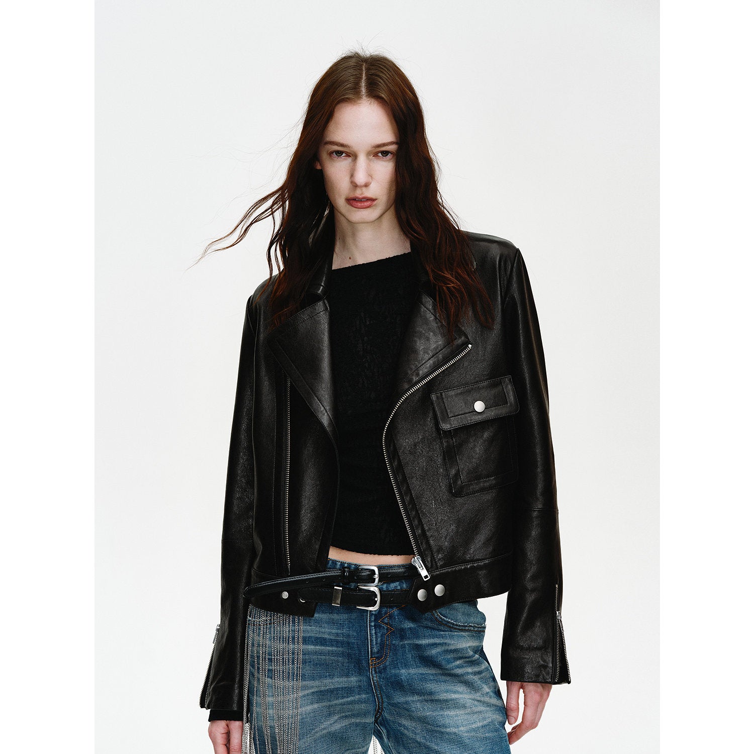 Firelady Fur Women's Motorcycle Leather Jacket - Notched Collar Short Biker Jacket - Movie Era