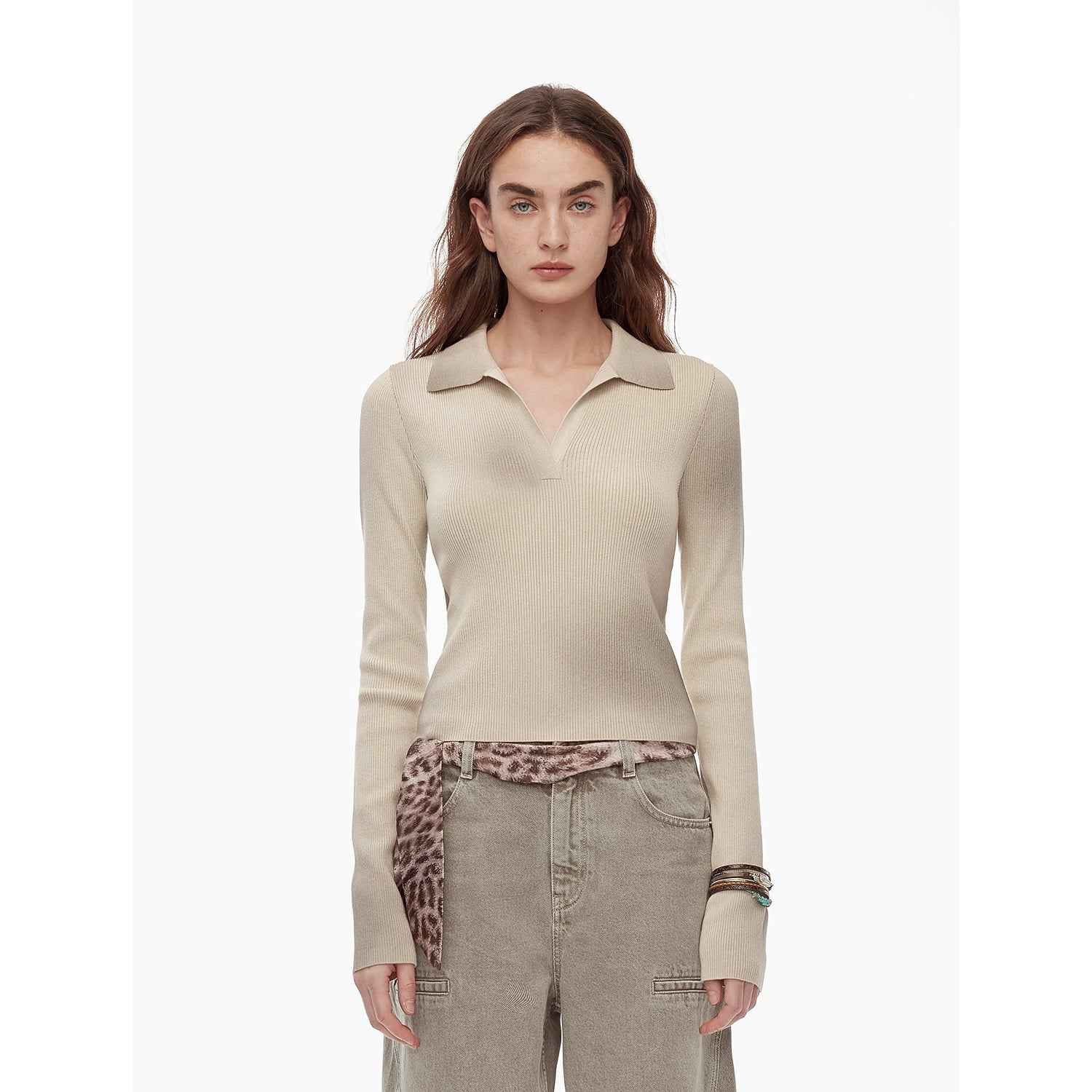 "Artistic Abstract" sfumato distressed printed merino wool waisted polo collar long sleeve short knit sweater - variant_title