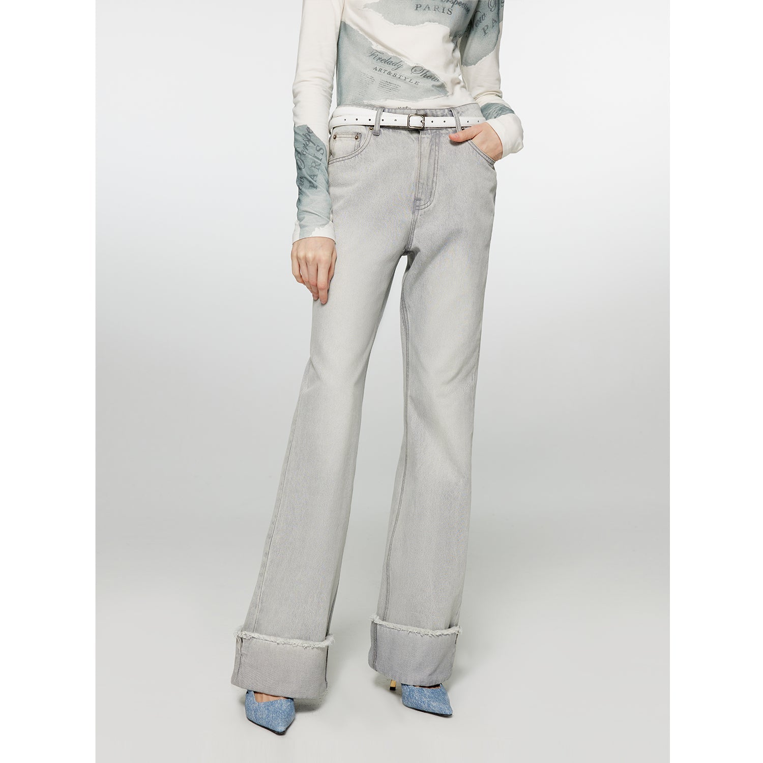 "Blues Time" Retro washed distressed straight flared cuffed jeans for women - variant_title