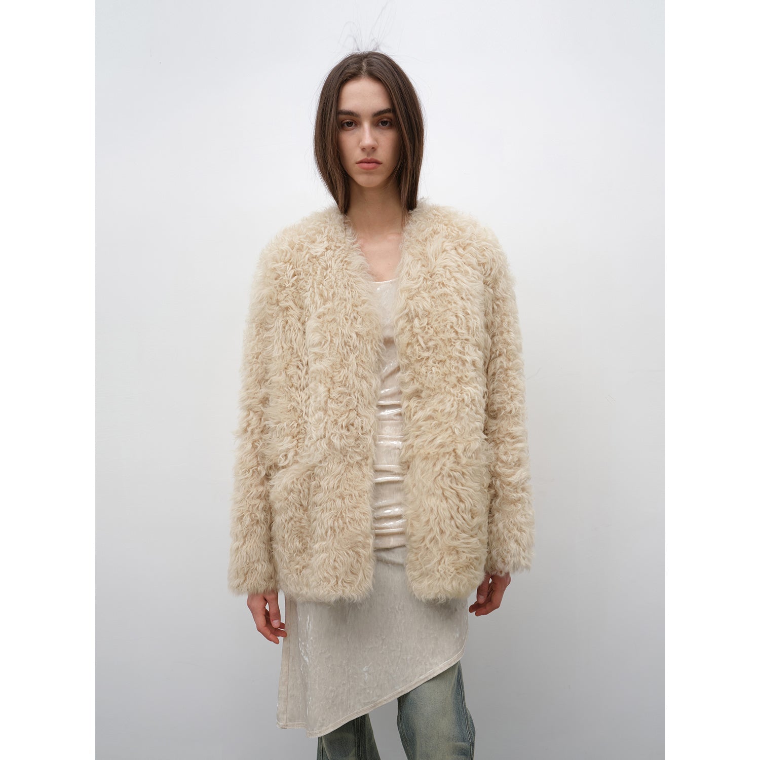 "Castle Dusk" V - neck Italian imported Tuscan curly wool sheepskin fur coat winter - variant_title
