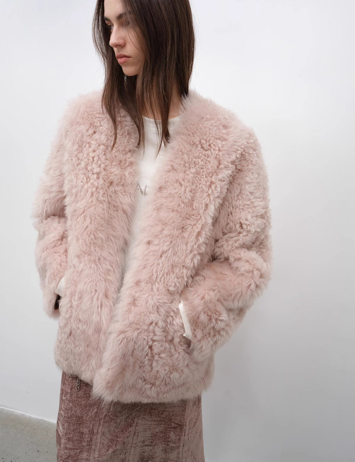 "Castle Dusk" V - neck Italian imported Tuscan curly wool sheepskin fur coat winter - variant_title