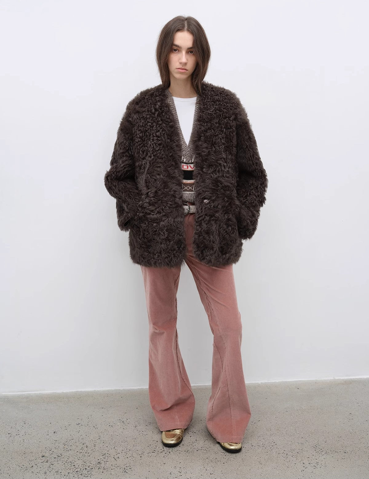 "Castle Dusk" V - neck Italian imported Tuscan curly wool sheepskin fur coat winter - variant_title