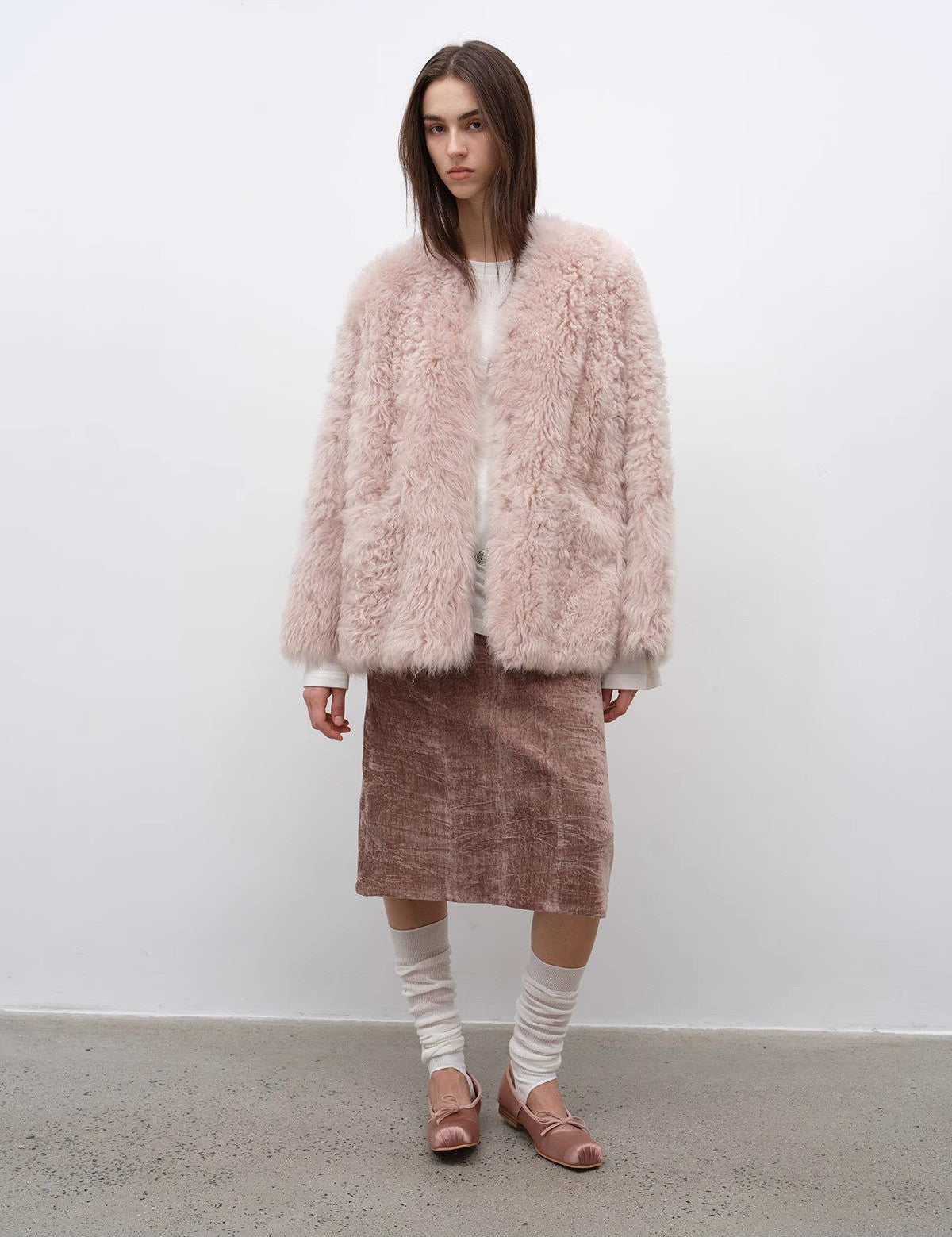 "Castle Dusk" V - neck Italian imported Tuscan curly wool sheepskin fur coat winter - variant_title