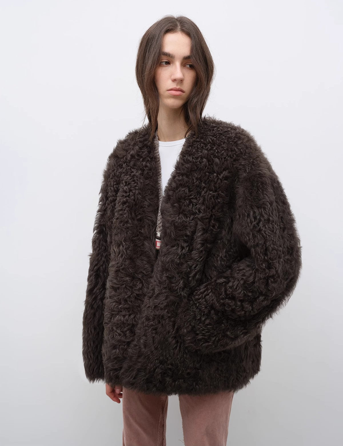 "Castle Dusk" V - neck Italian imported Tuscan curly wool sheepskin fur coat winter - variant_title