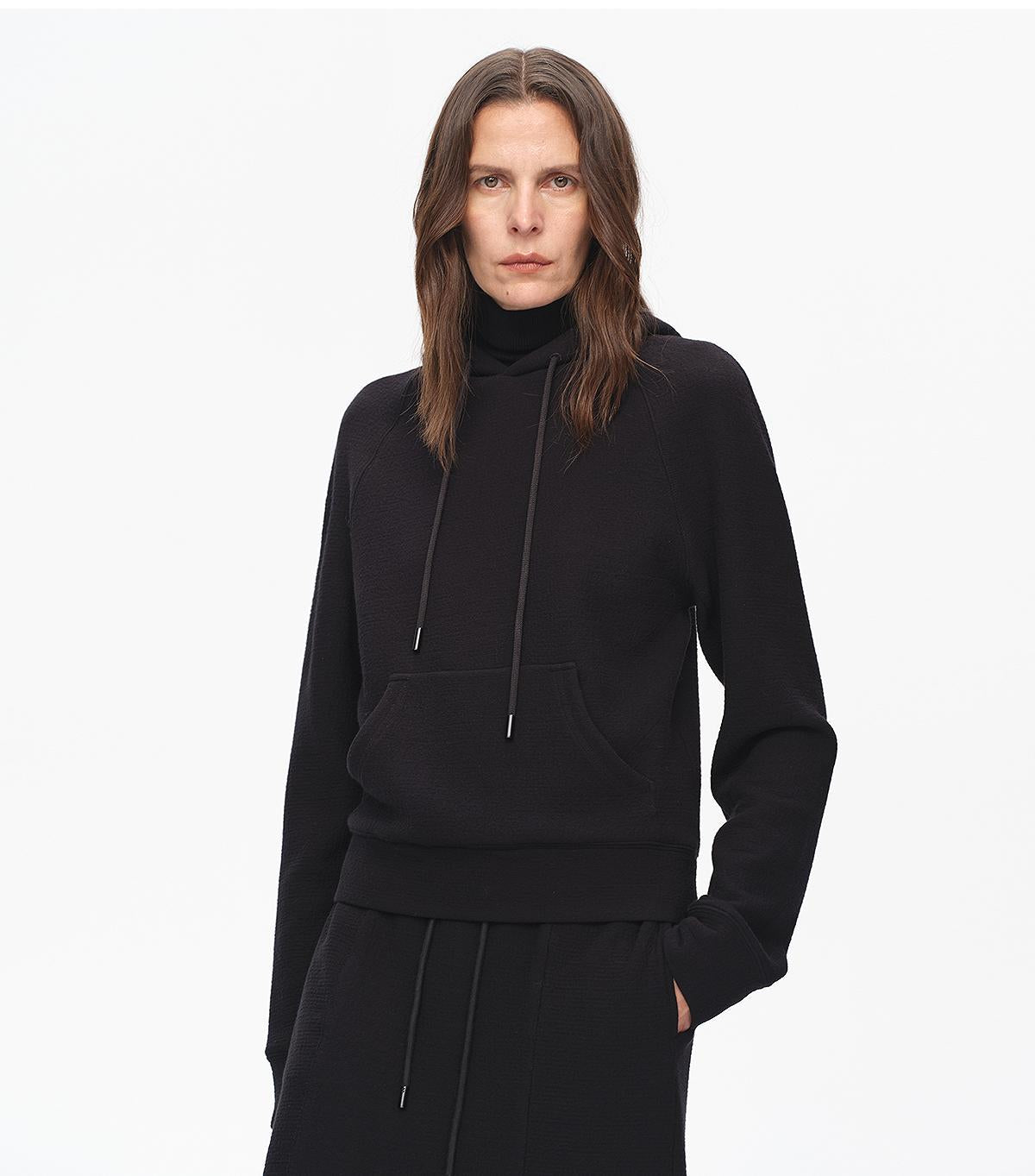 "Casual Life" Textured Cotton Loose Straight Hooded Short Sweatshirt - variant_title