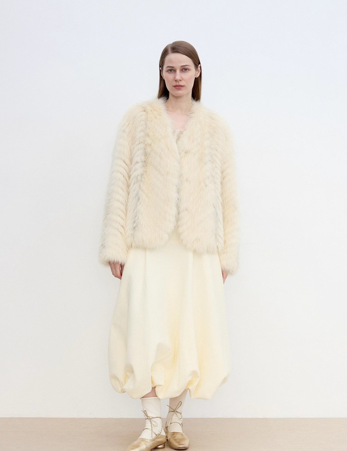 "Champagne on a Snowy Night" imported fox fur two - tone V - neck oblique stripe slim jacket - variant_title