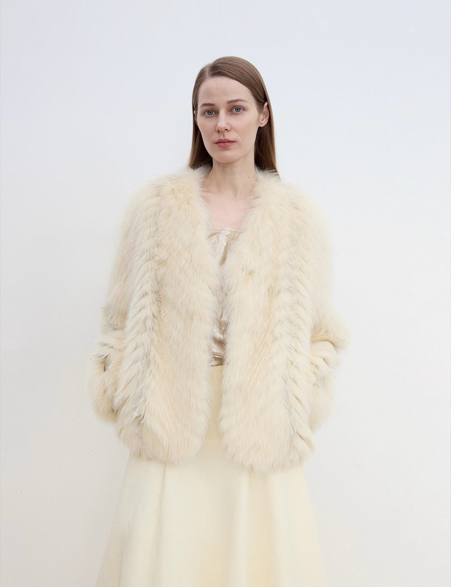 "Champagne on a Snowy Night" imported fox fur two - tone V - neck oblique stripe slim jacket - variant_title