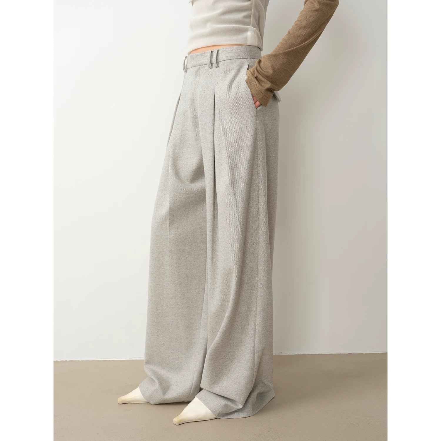 "City Stroll" casual and relaxed wool - blend double - pleated straight draped wide - leg casual trousers for autumn - variant_title
