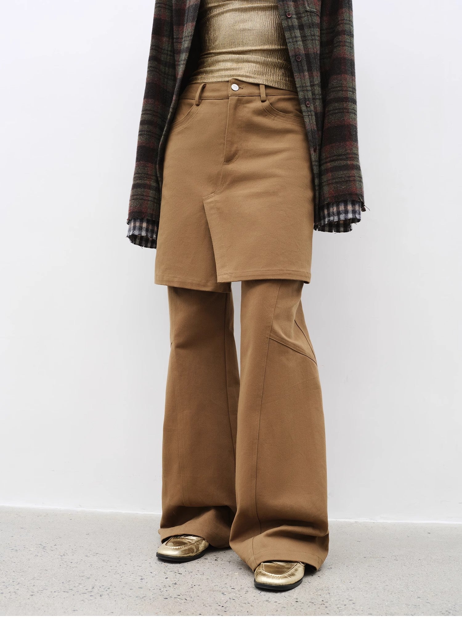 "Culotte Declaration" Retro split design fake two - piece twill brushed slightly flared slim jeans - variant_title