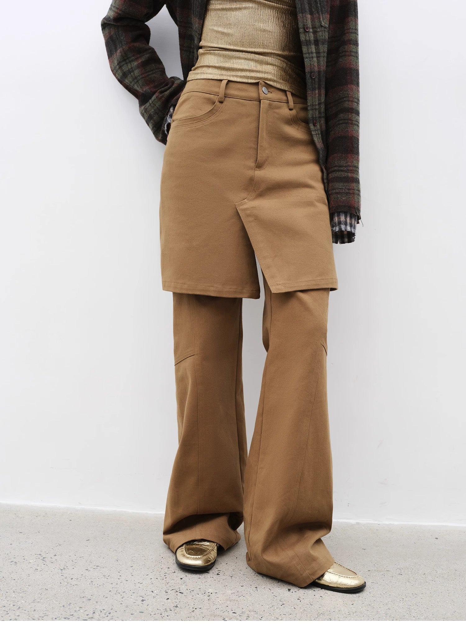 "Culotte Declaration" Retro split design fake two - piece twill brushed slightly flared slim jeans - variant_title