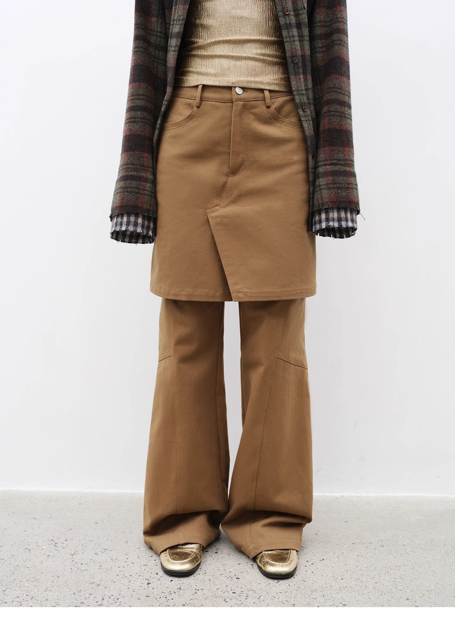 "Culotte Declaration" Retro split design fake two - piece twill brushed slightly flared slim jeans - variant_title