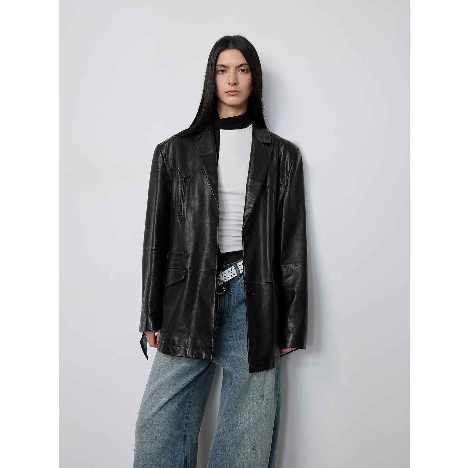 Custom - Dyed Washed Spray - Color Goat Leather Genuine Leather Blazer for Women, Vintage - Finish Leather Jacket “Nostalgic Denim” - variant_title