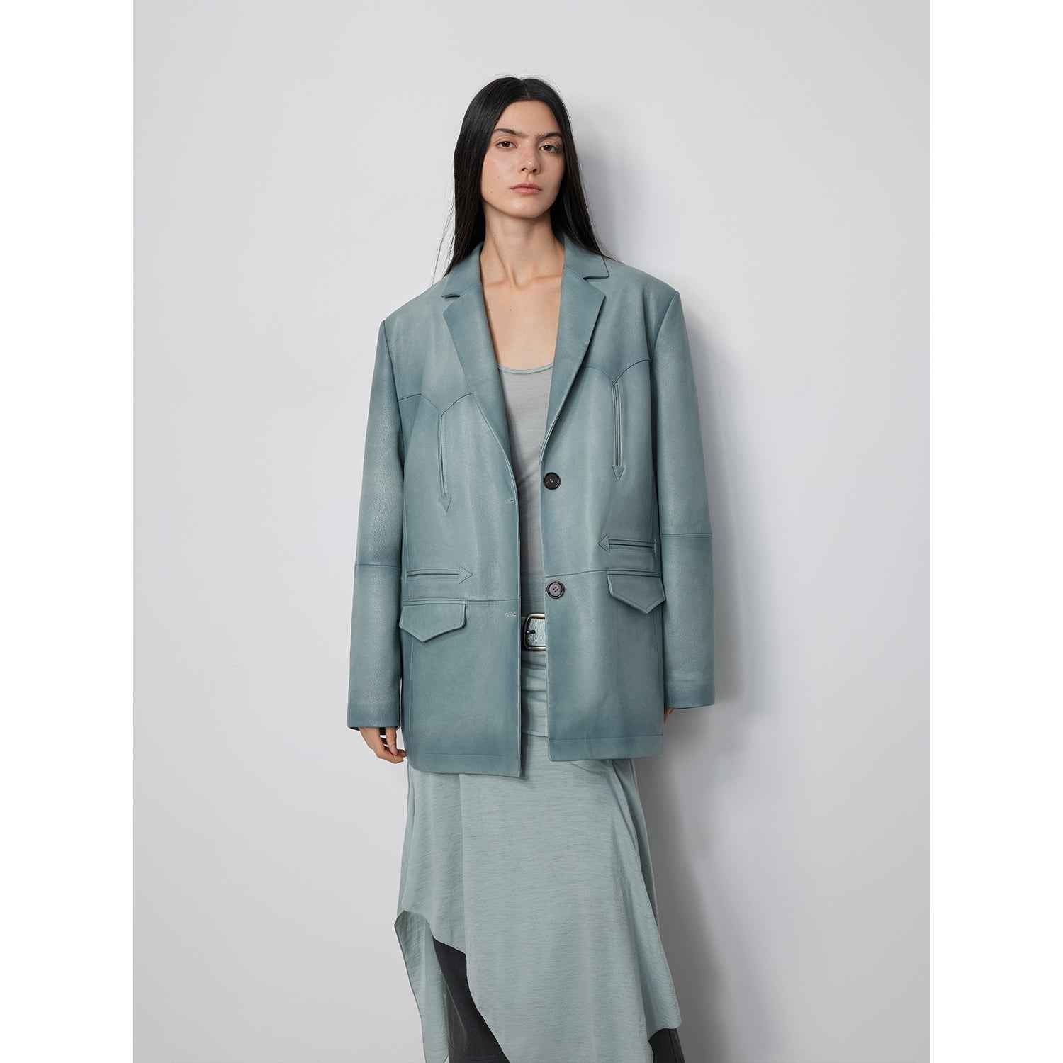 Custom - Dyed Washed Spray - Color Goat Leather Genuine Leather Blazer for Women, Vintage - Finish Leather Jacket “Nostalgic Denim” - variant_title