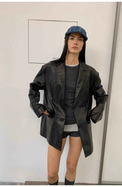 Custom - Dyed Washed Spray - Color Goat Leather Genuine Leather Blazer for Women, Vintage - Finish Leather Jacket “Nostalgic Denim” - variant_title