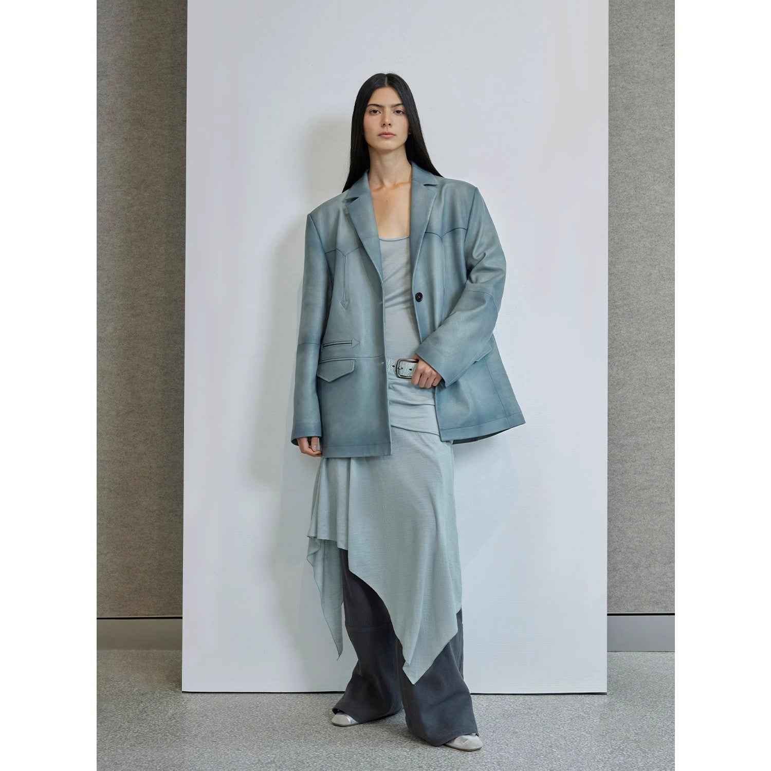 Custom - Dyed Washed Spray - Color Goat Leather Genuine Leather Blazer for Women, Vintage - Finish Leather Jacket “Nostalgic Denim” - variant_title