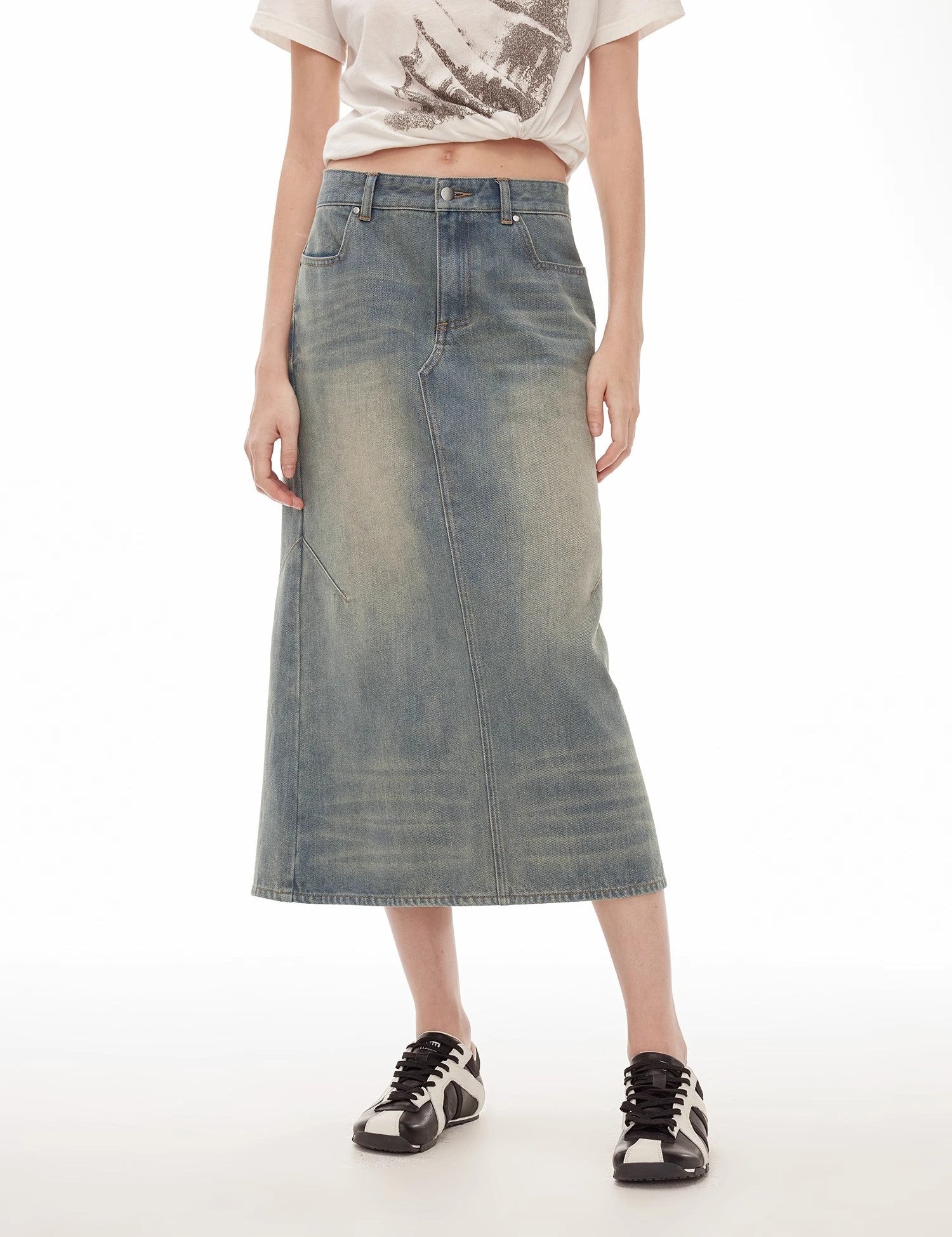 "Dawn Denim" retro old enzyme washed mid - low waist slim fishtail flared slim denim skirt - variant_title