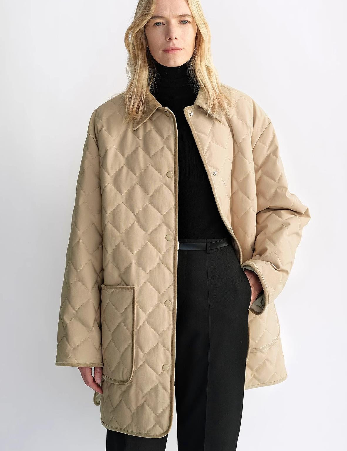 "Diamond Texture" Splicing Lapel 90 White Goose Down Barn Jacket Down Jacket Women - variant_title