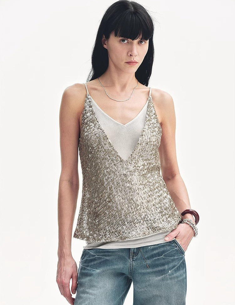 "Dream Catcher" Sequined Net Pattern Fake Two - Piece Deep V Waist Suspender Summer - variant_title